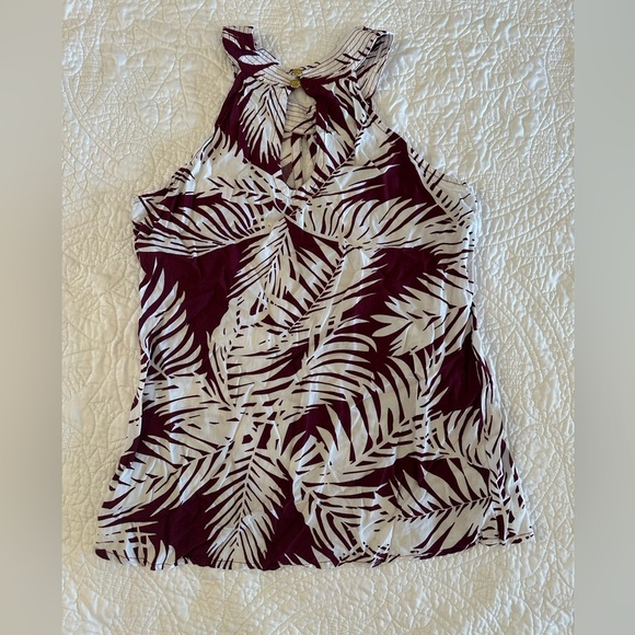Women's Sleeveless Palm Print Top - Burgundy and White - Picture 2 of 6